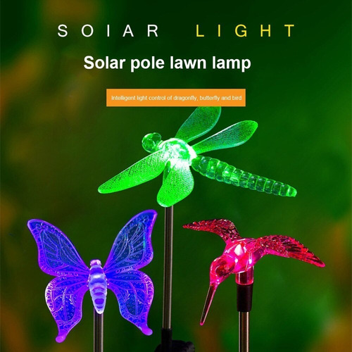 Imagen 2 de 9 de Estaca Solar X3 Lampara Jardín Led Colibri Libelula Mariposa