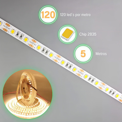 Rollo Led Unicolor Blanco Cálido 2835 De 5 Metros 120 Leds Por Metro Recortable Tira De Luces Led Con Alta Intensidad De Brillo Marca Dosyu