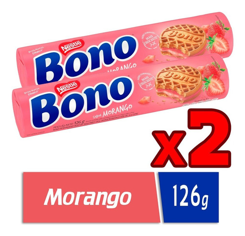 Kit Com 2 Pacotes Biscoitos Recheio Morango Bono 126g