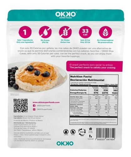 Imagen 2 de 9 de Galletas De Arroz Inflado Integral Okko Sin Gluten/azúcar