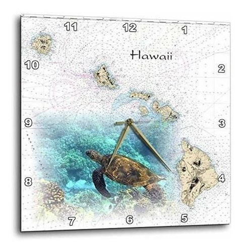 Reloj De Pared Con Mapa De Islas Hawaianas Y Tortuga Marina.