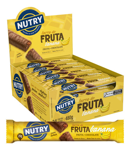 Barra de frutas banana cobertura chocolate Nutry caixa 480g 24 unidades