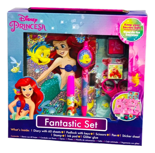 Set Princesa Ariel Crea Tu Propio Diario 60 Hojas Candado 