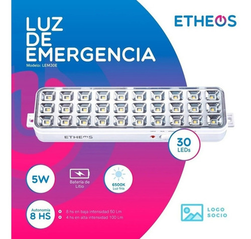 Luz De Emergencia Etheos 30 Led Recargable bateria con Cable 220v