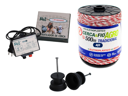 Kit Cerca Elétrica Pet + Fio 500m + 50 Isolador Roldana 30