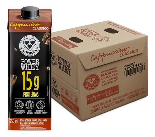 Kit Cappuccino Classico Power Whey 12 unidades com 250ml cada uno 3 Corações