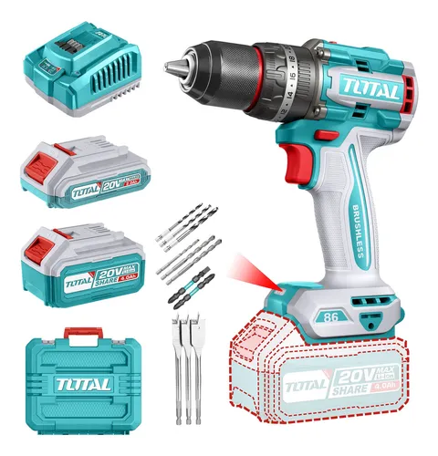 Taladro Percutor Atornillador Total 20v 86nm, 2 Baterías Turquesa 50/60hz