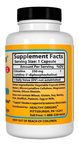 Cognizin Citicolina 250mg 60 Cápsulas Healthy Origins