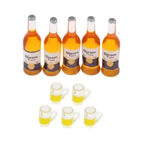 Set De Mini Botellas Y Jarras De Cerveza Para Casa De Muñecas – 12 Vasos + 4 Botellas – Accesorios Realistas En Resina