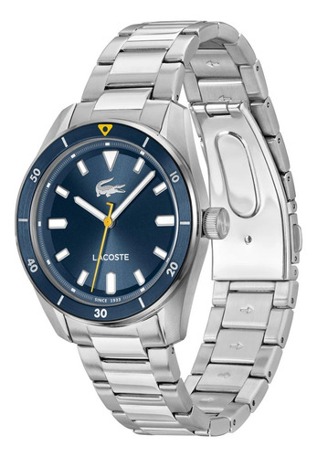 Reloj Lacoste Boston 2011424 Acero Inoxidable Hombre 50m Wr Malla Plateado Bisel Azul Marino Fondo Azul Marino