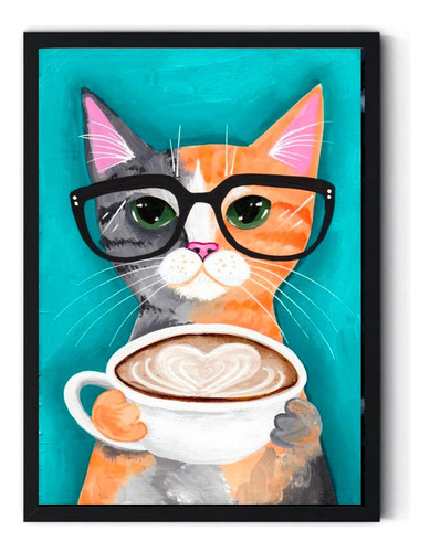 Cuadro Decorativo Gato Tomando Cappuccino Medidas 30x40 Cm