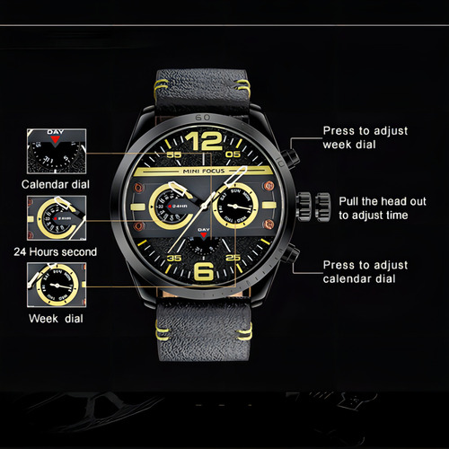 Mini Focus Reloj De Cuero Impermeable De Cuarzo Para Hombre Color Del Bisel Azul/negro