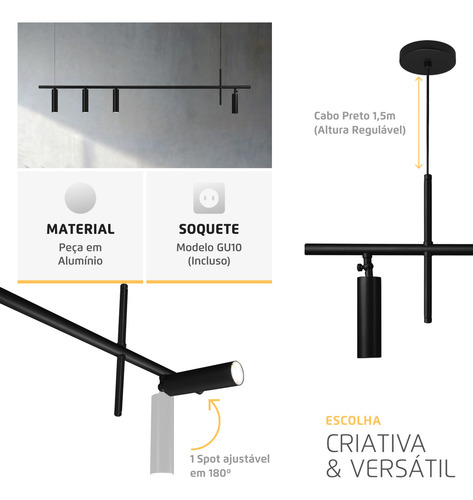 Lustre Retangular Preto Turn By 4 Spots Tubo Para Mesa