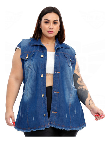 Max Colete Jeans Plus Size Feminino Barra Desfiada - Escuro