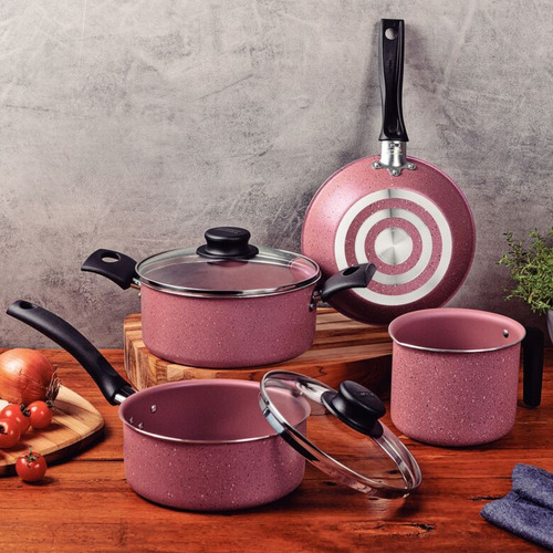 Jogo Panelas Tramontina Rosa Antiaderente Inox Conjunto 4 Pç