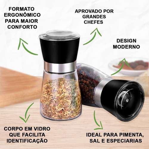 Kit 2 Moedor Sal Pimenta Inox Vidro Regulável 180 Ml