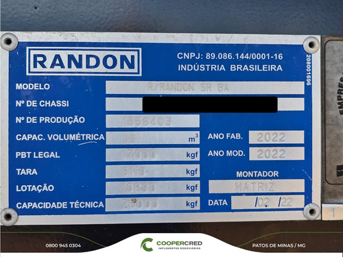 Carreta Rodocaçamba Randon 35m³ 22/22 C/ Lona Fácil 6 Eixos