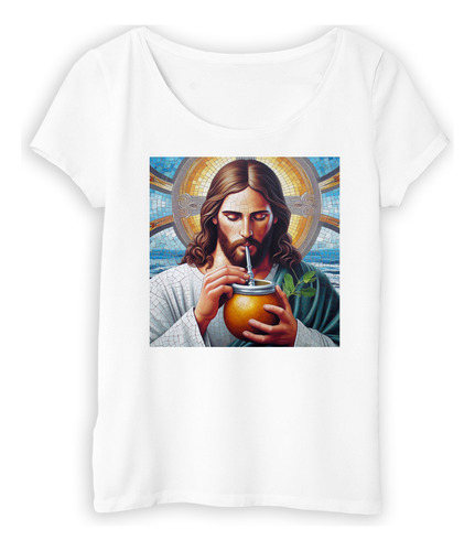 Remera Mujer Jesus Tomando Matecito Verde Venecitas