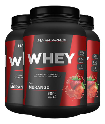 3x Whey Protein De Morango 900g Hf Suplements