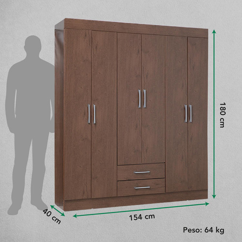 Closet Armario Estructura En Mdp Con 6 Puertas Y Cajones Moderno Color Café Kingshouse