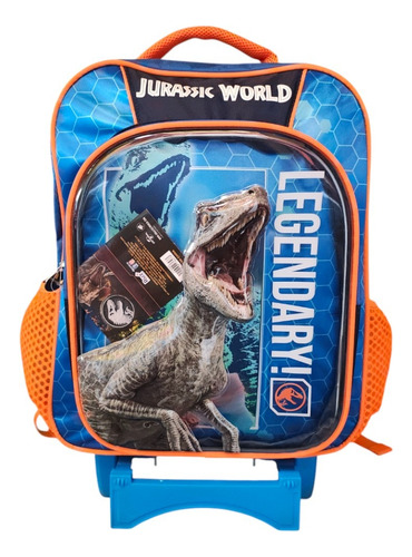 Mochila Primaria Con Carro Ruz Jurassic World Legendary Blue Azul Impresión