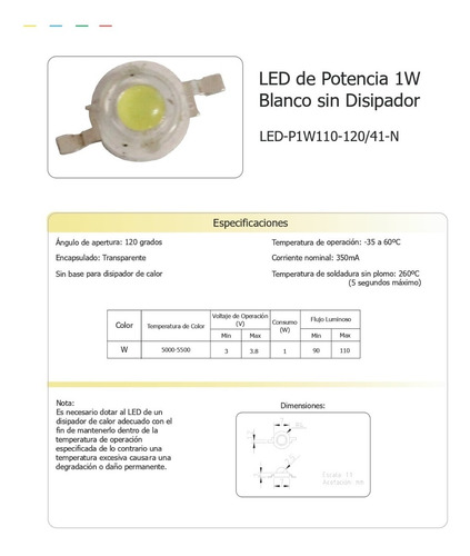Led De Potencia 1w Blanco Puro 110 Lm Led-p1w110-120/41-n
