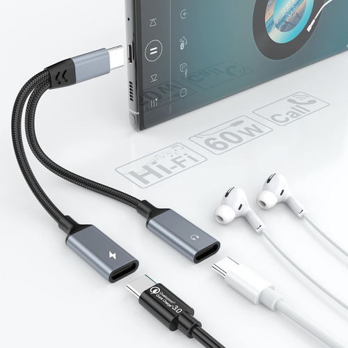 Divisor Usb C Adaptador Dual Para Auricular Cargador 2 1 Pd