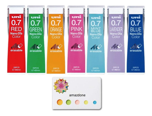 Minas Para Portaminas De Color Uni Nanodia, 0,7 Mm, 7 Minas Azul, Verde, Menta, Naranja, Rosa, Rojo.