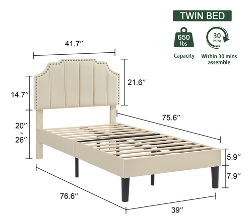Base De Cama Tapizada Individual Con Cabecera Ajustable Beig
