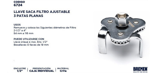 Imagen 2 de 5 de Llave Saca Filtro Bremen Enc 1/2 3 Patas 54 - 116mm Autos Cod. 6724 Dgm
