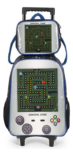 Mochila Rodinhas Lancheira Luxcel Up4you Game Preto Preto Estampado