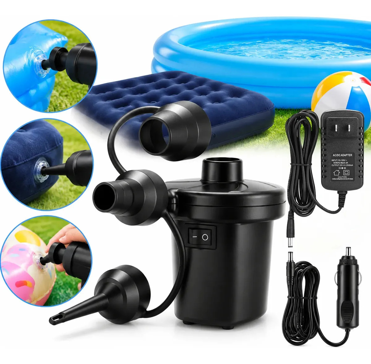 Inflador Eléctrico Portátil 12V Auto AC/DC Bomba De Aire Para Colchones Y Piscinas Inflables Compresor De Aire Con Adaptador