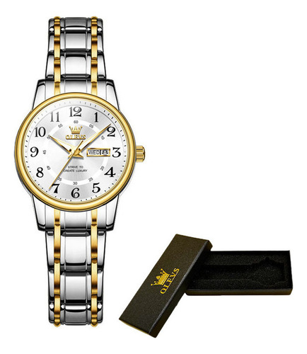 Elegante Reloj De Cuarzo Con Calendario Luminoso De Olevs Fondo Plata Dorado Blanco