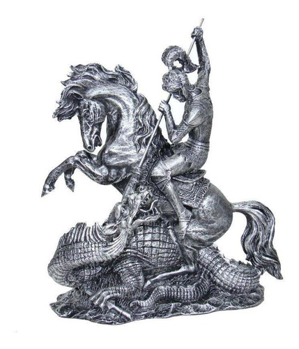 São Jorge Com Cavalo E Dragão Ogum Estátua Cor Prata Grande