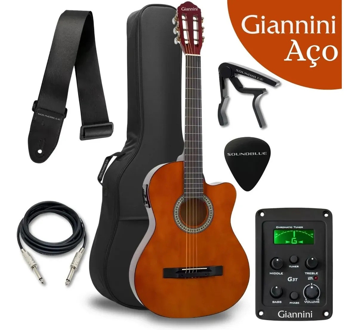 Kit Violao Giannini Eletroacustico Corda Aço Destro Flat Cutaway Profissional Eletrico Acustico Estudo Iniciante Natural Acessorios Completo Afinador Equalizador Correia Capa Cabo 