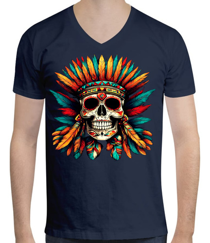 Playera De Calavera Mexicana Penacho - Plumas Colores