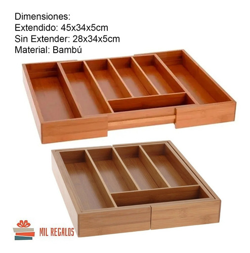 Imagen 3 de 9 de Cubiertero Para Cajón Cocina Organizador Extensible Bambú