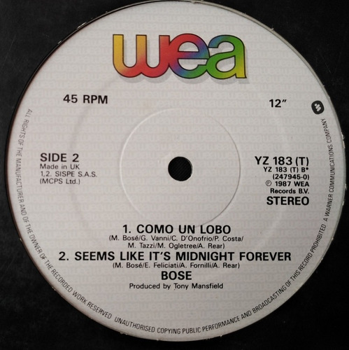 Miguel Bose - Lay Down On Me (extended Version) Como Un Lobo (Usado)