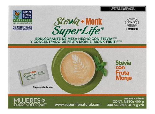 Super Life Stevia + Monk Sin Azúcar Kosher 400 Sobres 1g