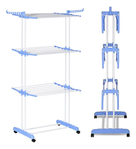 Tender Vertical Para Ropa Con Ruedas Plegable 3 Niveles 40kg Azul Acero