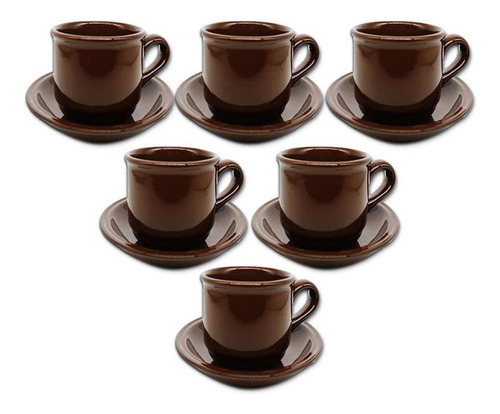 6 Xícaras Com 6 Pires Para Chá E Café Marrom Em Ceramica