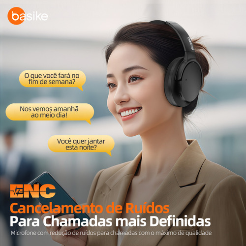 Basike BA-FON168 fone de ouvido over-ear bluetooth sem fio com anc ativo 80h bateria áudio hd graves intensos espuma com memória perfeito para viagens e home office Preto
