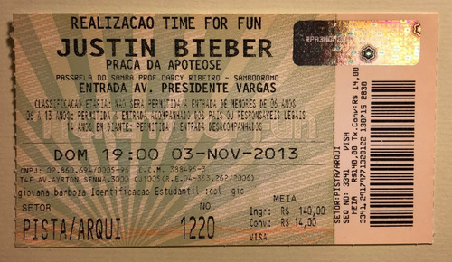 2 Ingressos Show Justin Bieber Brasil Rj 2013 Colecionador