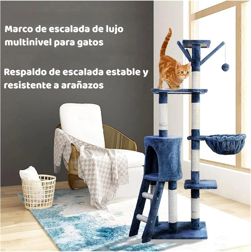 Rascador Para Gato Árbol Gimnasio Torre Todo En 1 Con Casa Azul