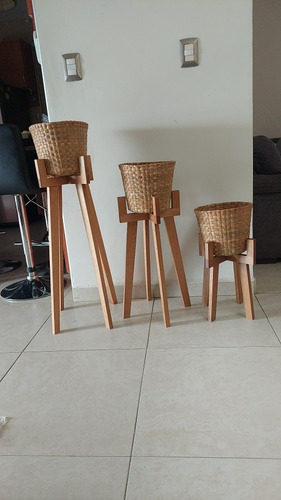 Soporte Maceta Florero Base De Madera Decorativo Set 3 Piez