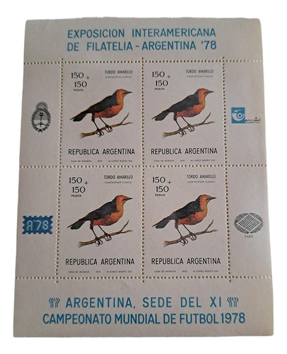 Estampillas Serie Pajaros Tordo Campeonato Futbol 1978