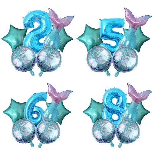 Pack  6 Globos Sirenas Incluye Numero   Y  Cola Sirena 80 Cm