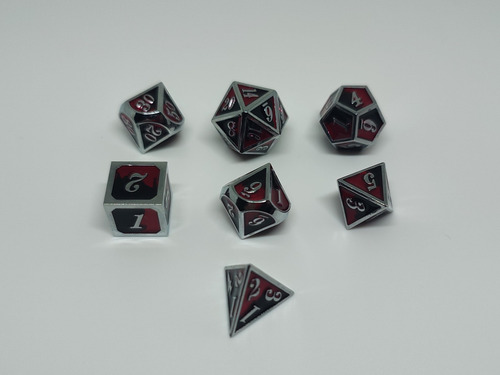 Set Dados De Metal X 7 Rol - #12 Rojo Y Negro Con Números Y Bordes Plateados