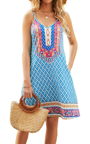 Vestido De Playa Con Tirantes Y Bolsillos Estilo Bohemio