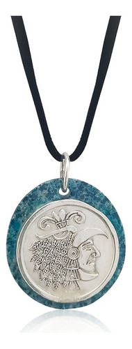 Collar #7 De Gamuza Con Piedra Y Moneda Con Penacho Azteca Color Azul Acero